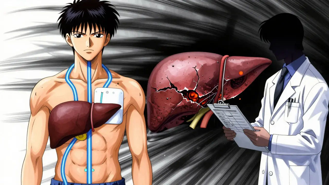 フェンタニルパッチで肝臓を回避する治療法と、損傷した肝臓の対比。