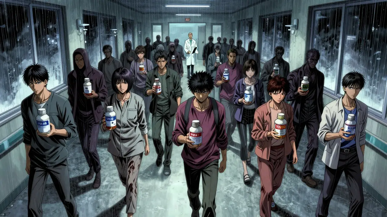 複数のジェネリック薬を握る患者たちの影が出血と血栓の怪物に変化する