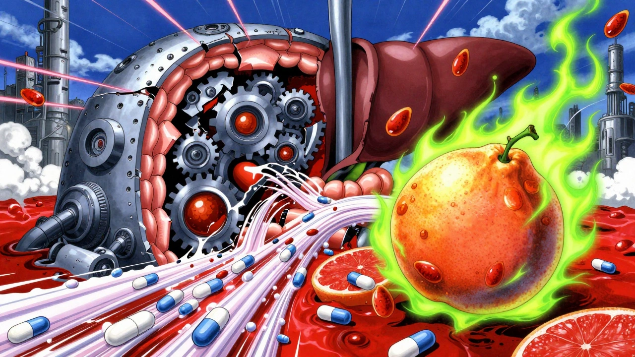 肝臓と腸の機械的な構造が破壊され、スタチン分子が暴走し、グレープフルーツの種が毒として突き刺さっている