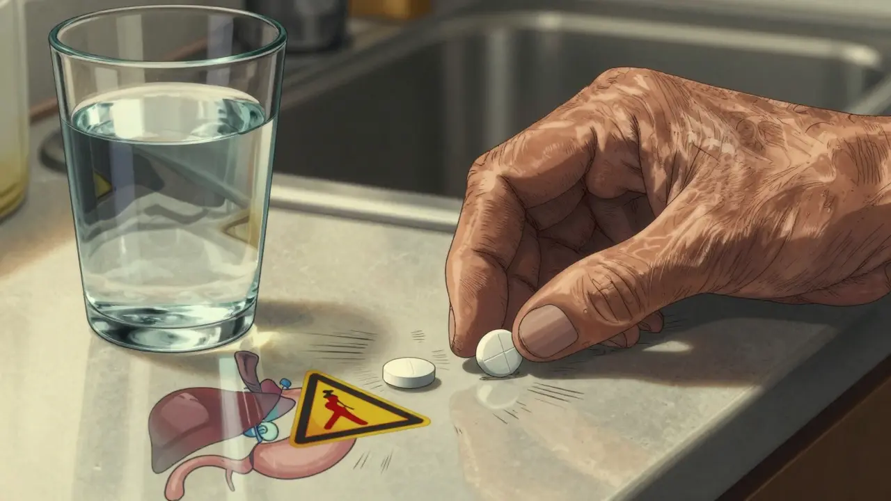 高齢者の手が薬を置く様子、水に映る胃と心臓の損傷の幻影が見える。