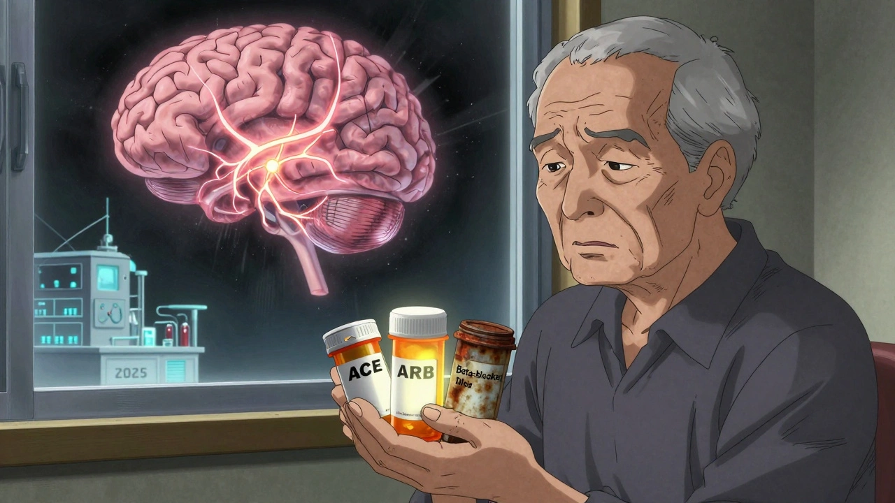 高齢の患者が薬の選択に悩む様子を、脳・心臓・腎臓の幽霊的ビジョンと共に描いたミウラ風アート。