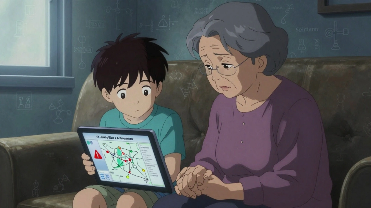 高齢の女性と子どもがタブレットの薬の警告を一緒に見つめている。