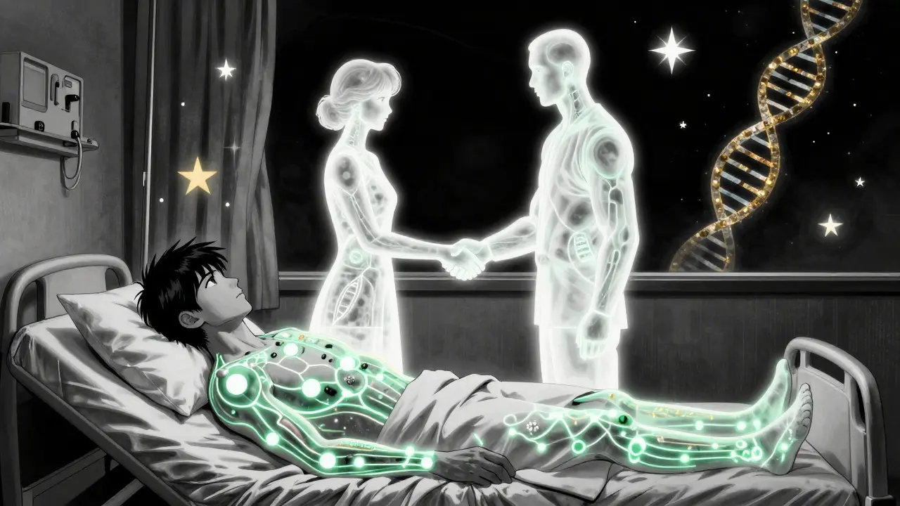 患者の体にバイオ医薬品の分子構造が光り、その上に元薬とバイオシミラーが手を結ぶ幻想的な夜景。