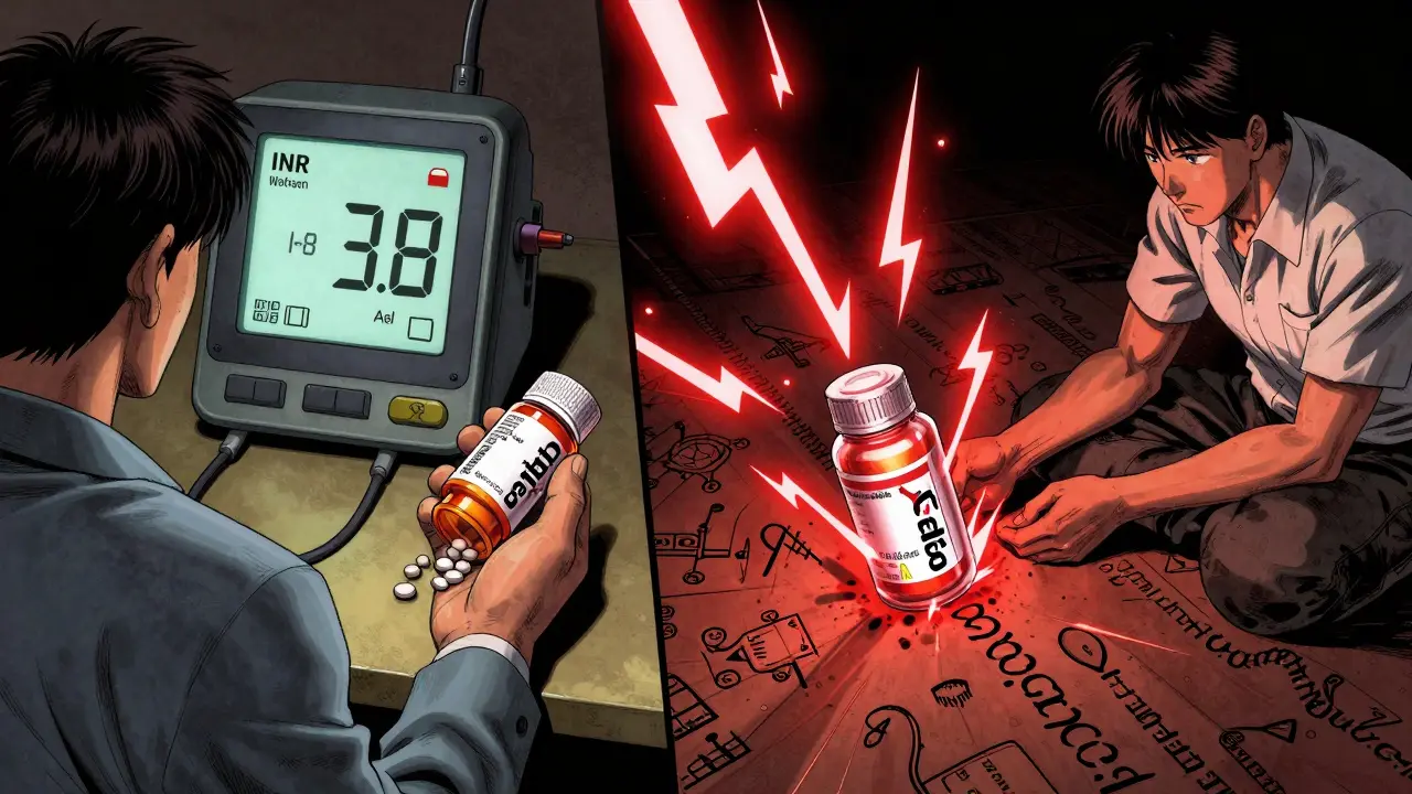 ジェネリック薬からINR値が急上昇する瞬間、雷が薬瓶から迸る