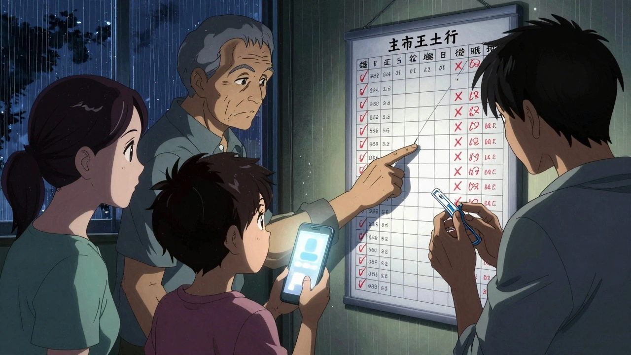 家族が夜、壁に貼られた薬リストを囲んで確認し、スマホの光に照らされている様子。