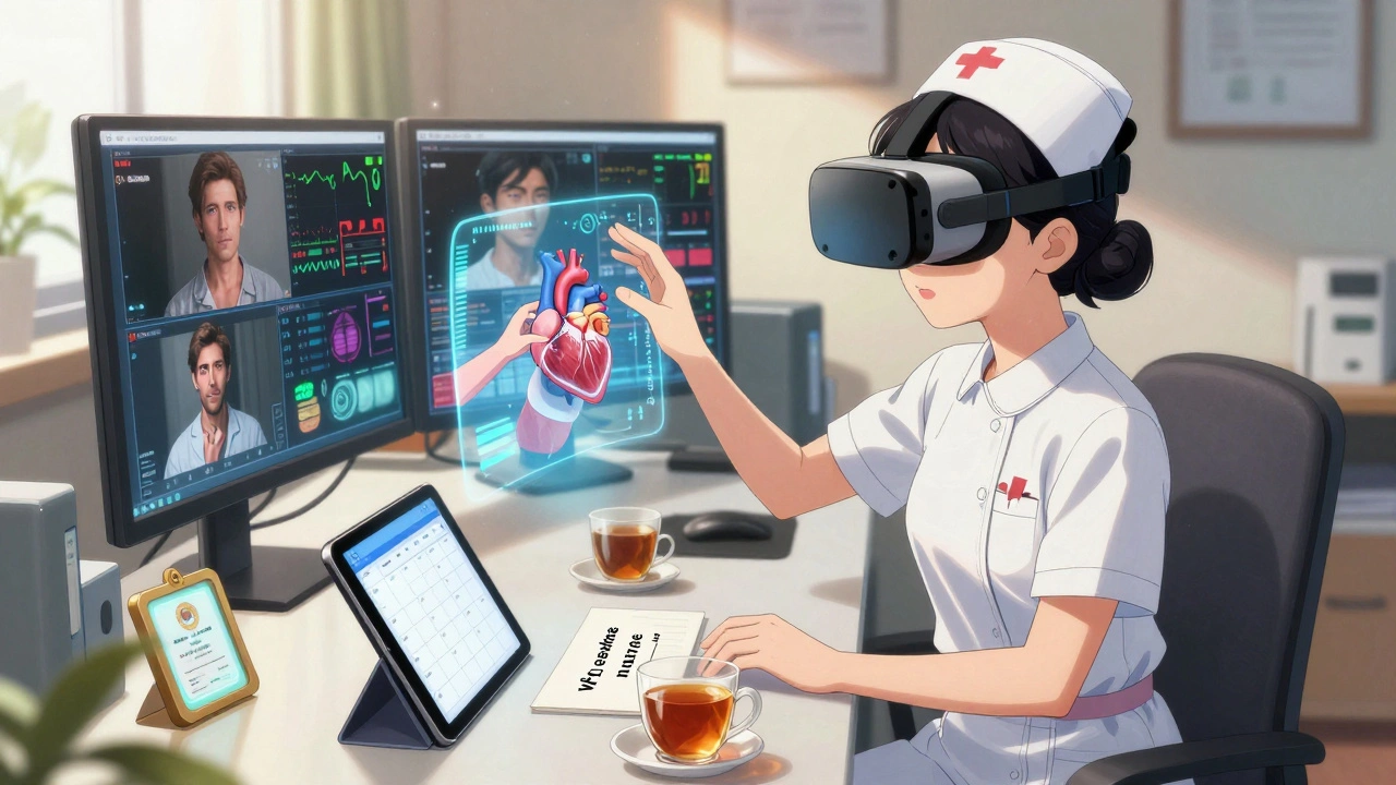 看護師がVRヘッドセットを着用し、患者に心臓の手術を仮想現実で説明している様子。