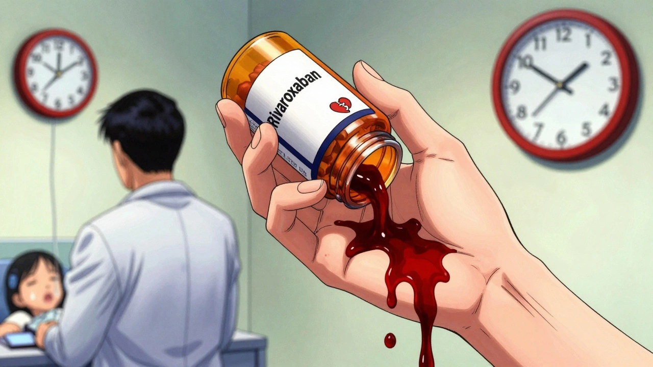 抗凝固薬の瓶を握る手から流れ出る血が鉄欠乏の象徴に変化し、医師は背を向けている。