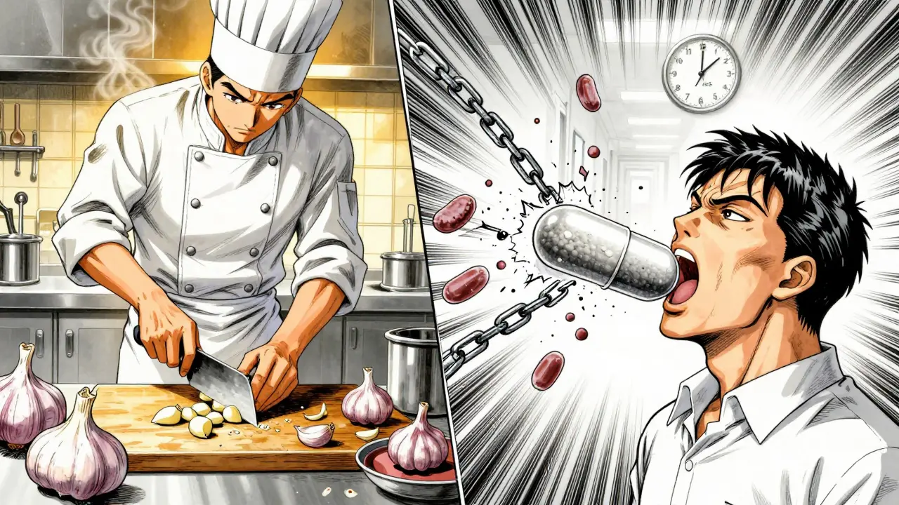 料理のにんにくとサプリメントのにんにくの対比シーン。