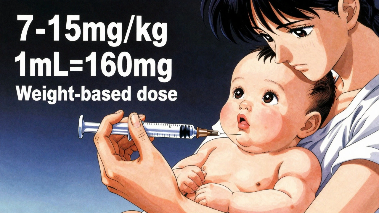 母親が体重に基づいて正確な量をシリンジで赤ちゃんに投与している様子。