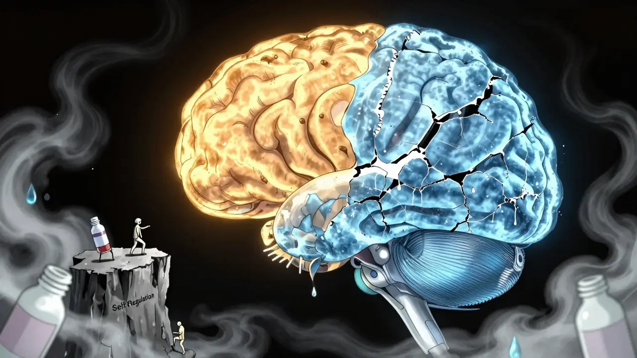 脳の報酬系と感情の枯渇を象徴する超現実的な神経風景。