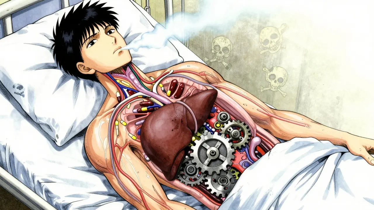 オピオイドが肝臓の酵素を停止させ、患者の呼吸が弱まる様子。