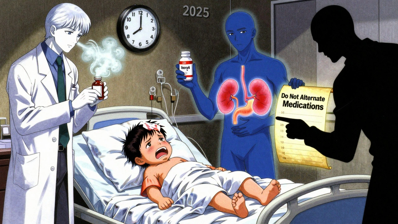 熱のある子供のベッド周りに二つの薬の精霊が対峙し、2025年のガイドラインが浮かぶ情景。