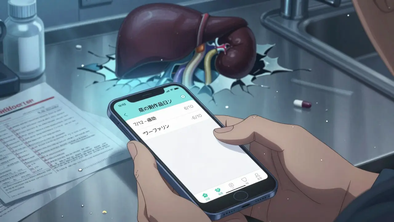 スマートフォンに薬のログが表示され、その背後に肝臓と腎臓の崩壊する影が広がる。