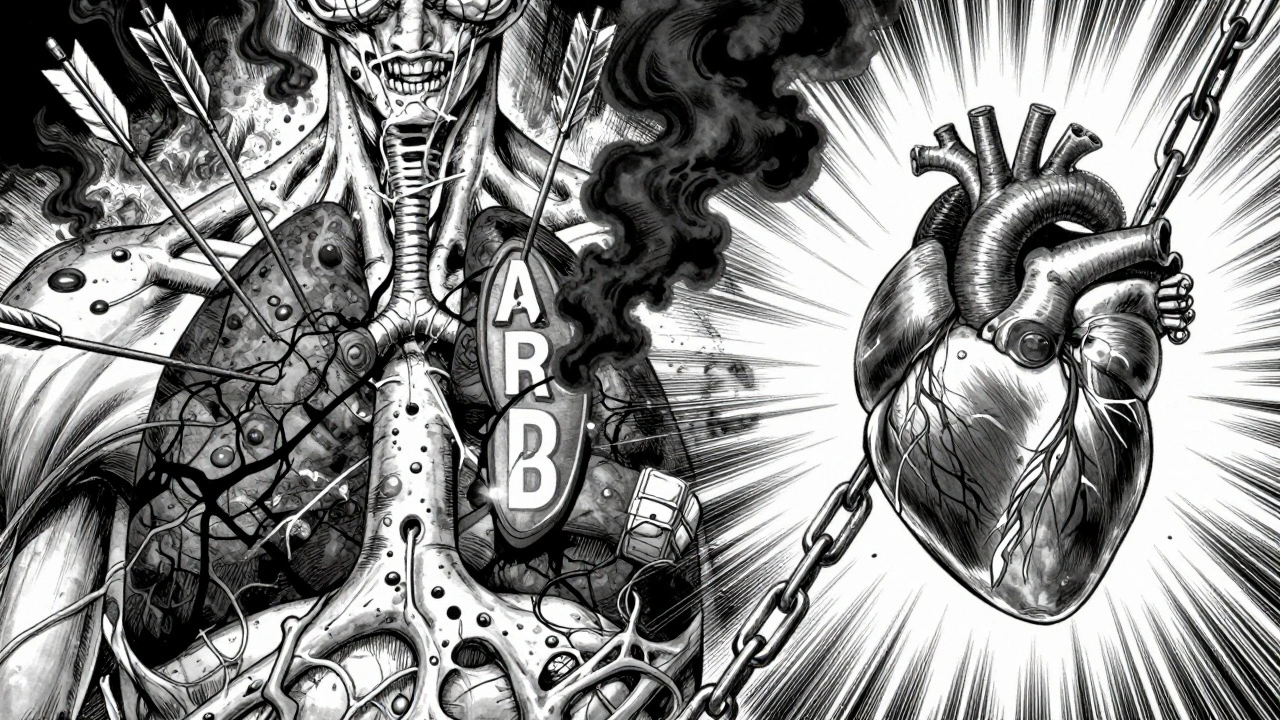 体内で繰り広げられるACE、ARB、ベータブロッカーの戦いを、ベルセルク風に描いた生物兵器のようなシーン。