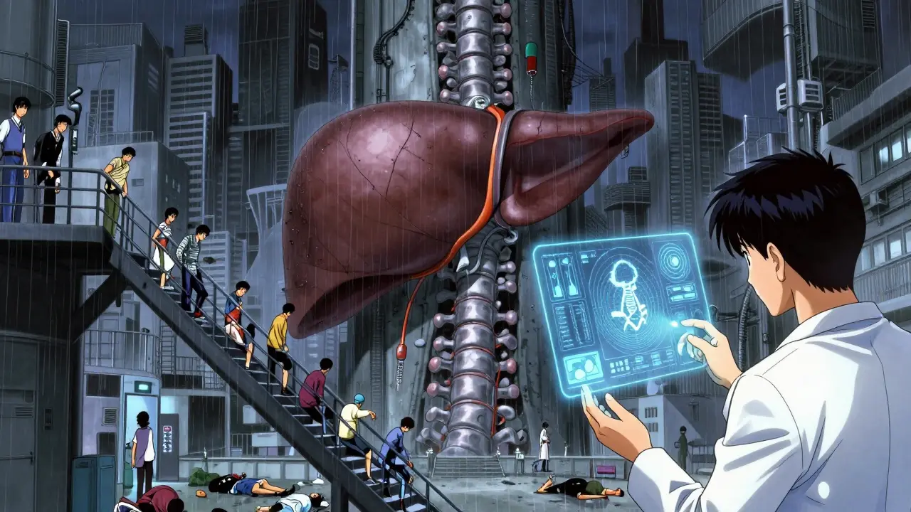 TIPSステントが肝臓を貫く巨大病院の風景、AIが診断データを解析している。