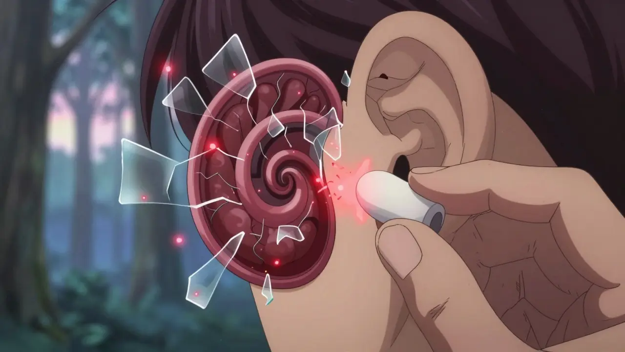 蝸牛の毛細胞が音波で破壊される様子と耳栓の保護を対比した解剖学的イメージ