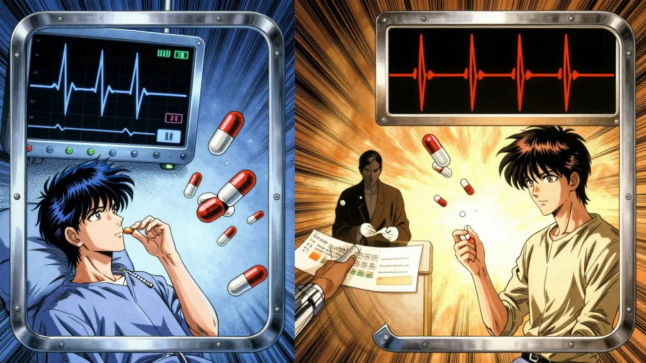 心電図の波形が安定する様子を左右で対比させ、薬の効果の違いを象徴する医療的な構図。