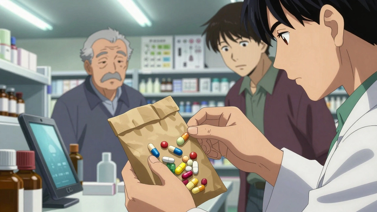 薬剤師が茶色の袋に入った薬を確認し、患者と介護者がそばで見守る場面。