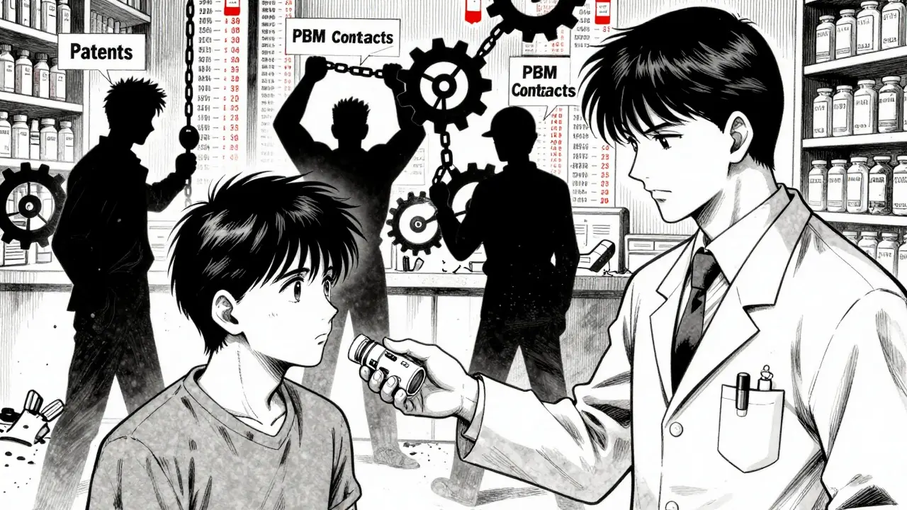 薬剤師が患者にバイオシミラーを渡し、背景に薬価を操る影の人物たちが描かれた医療現場。
