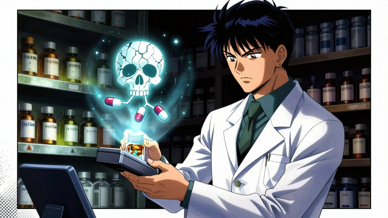 薬剤師が薬のホログラムをスキャンし、警告の頭蓋骨シンボルが浮かんでいる。