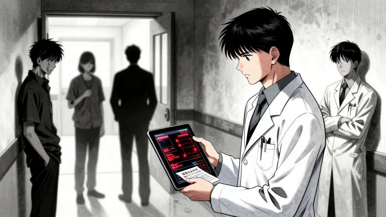 薬剤師がAI分析を表示したタブレットを手に、患者に服薬カレンダーを渡すシーン。