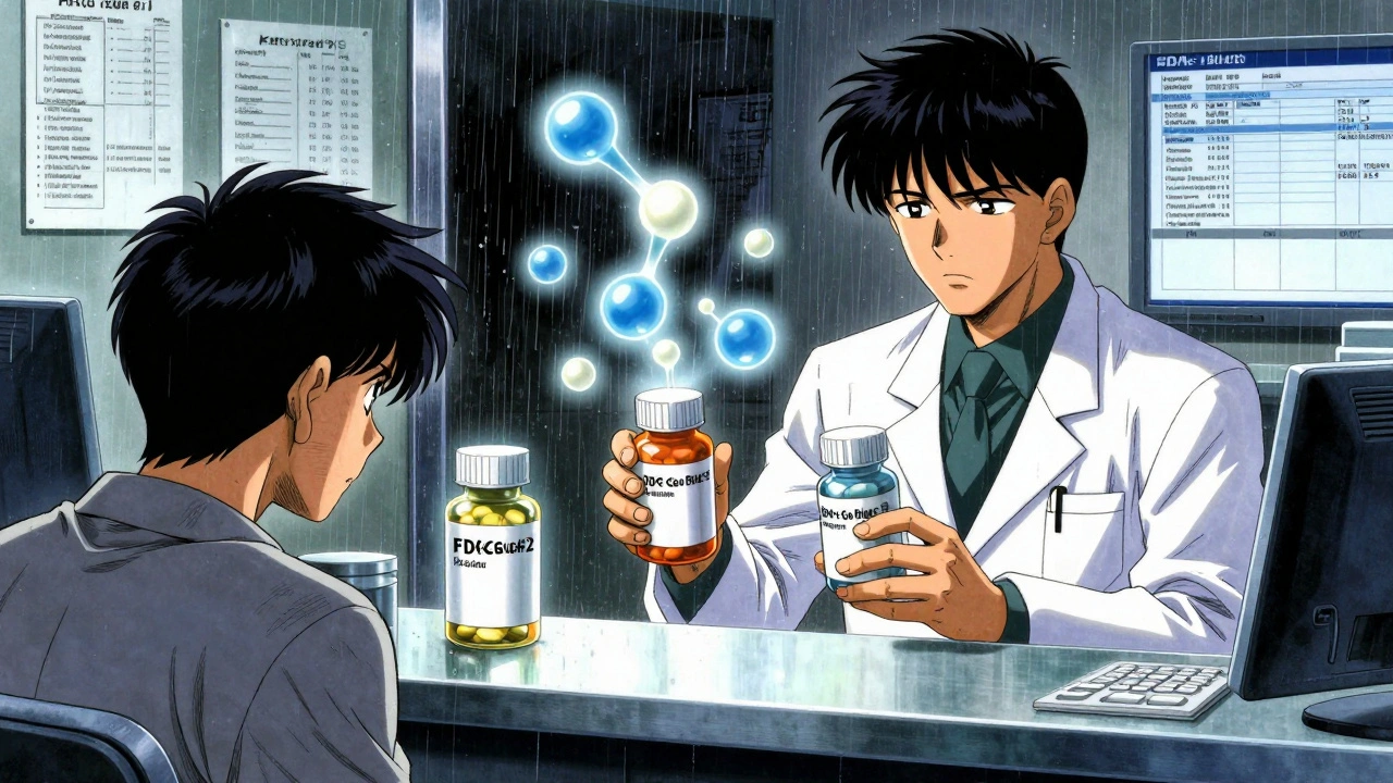 薬剤師がジェネリックとブランド薬の瓶を握り、不活性成分の幽霊が漂う薬局の光景。