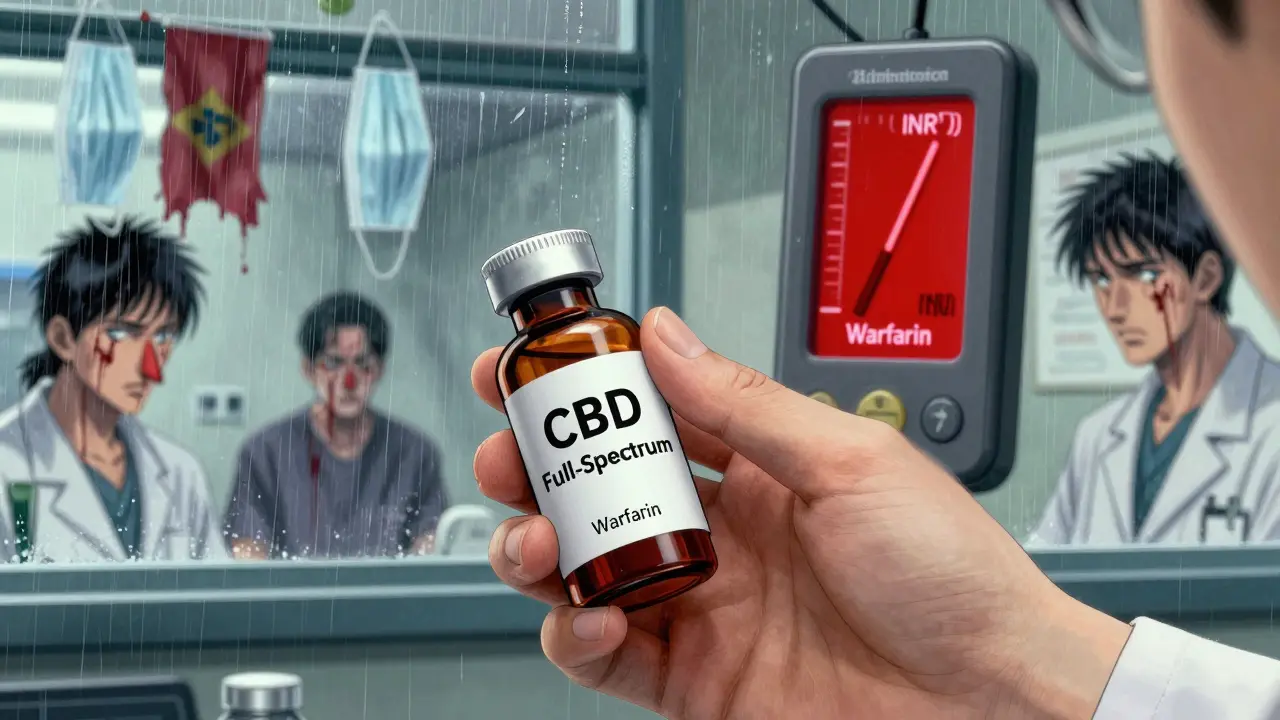 薬剤師がワルファリンとCBDの薬剤を手に持ち、INR値が急上昇する様子を示す臨床場面。