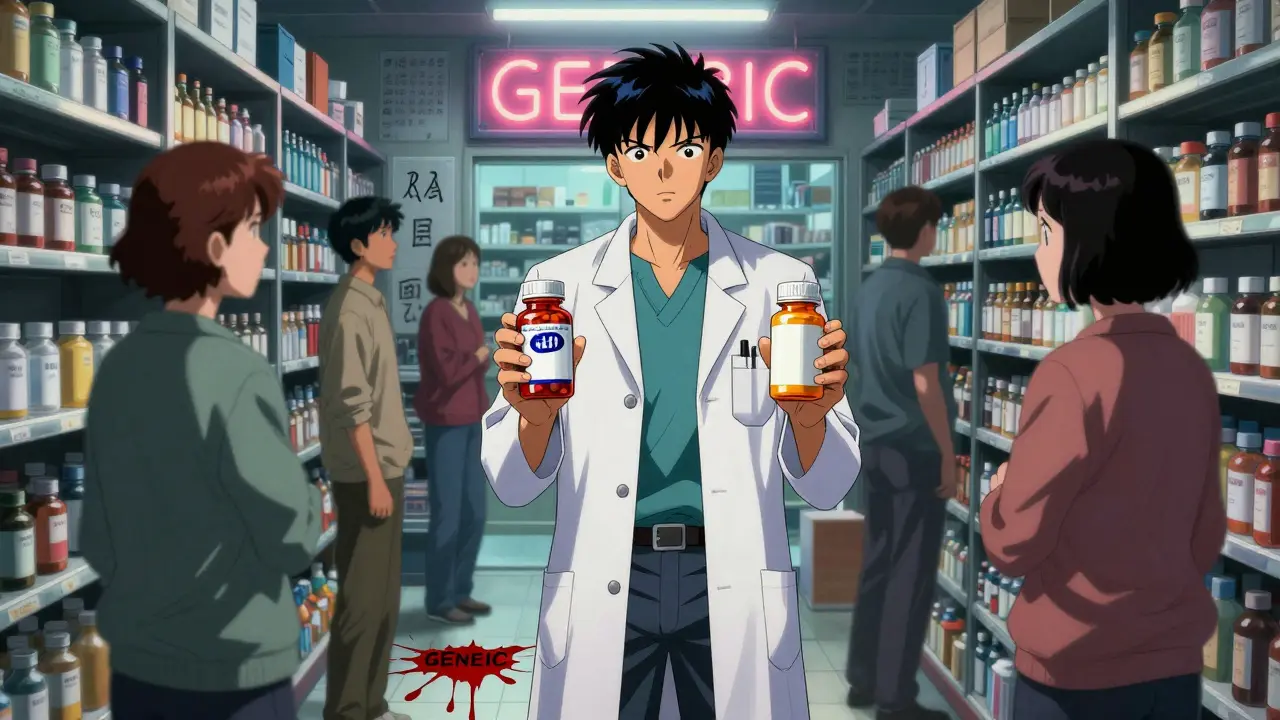 薬局の棚前で困惑する患者たちの間に、全く同じ薬を握る薬剤師が立つシーン。