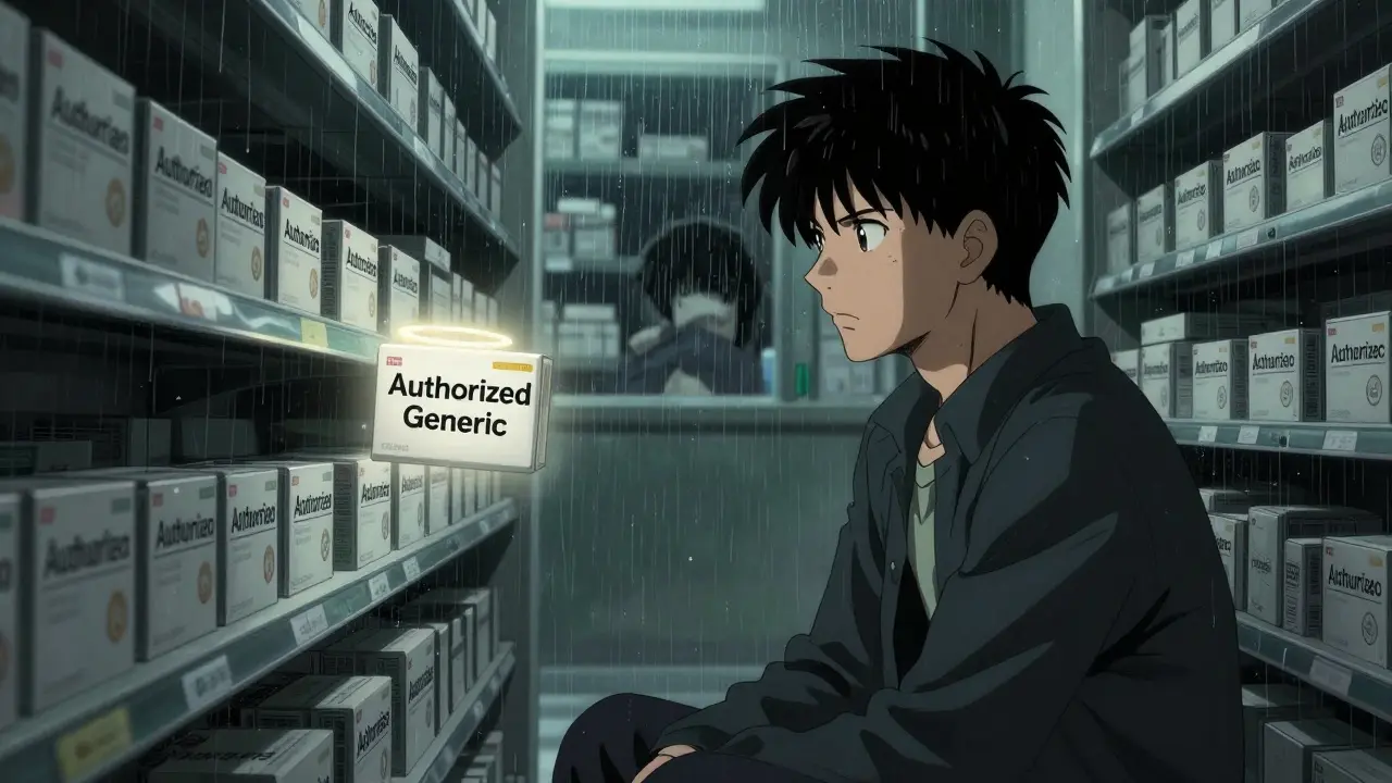 薬局の棚の前で不安そうに薬を見つめる患者、一つの箱だけが光り、他の薬は影に沈んでいる。