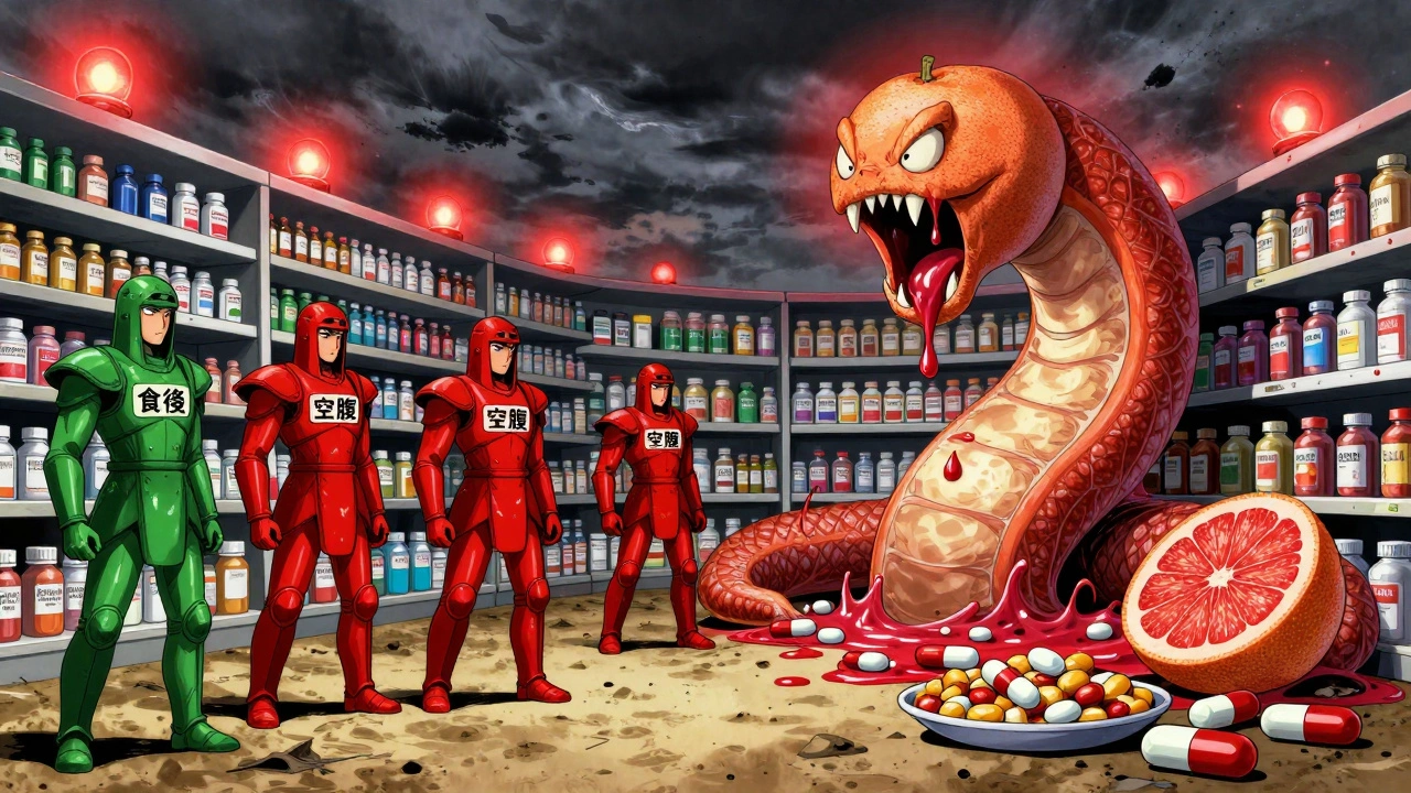 薬が鎧をまとった戦士として描かれ、グレープフルーツジュースの蛇が薬剤を襲う神話的な光景。