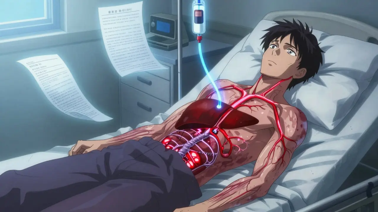 薬の力で肝臓の赤い静脈が抑えられ、体の片側は光に包まれている。