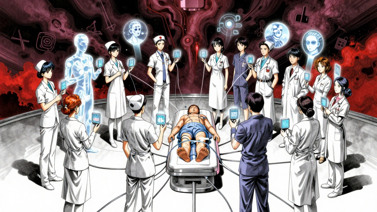 医療チームとAIアバターが患者のライフシミュレーションを囲み、データノードでつながる光のネットワークを形成している。