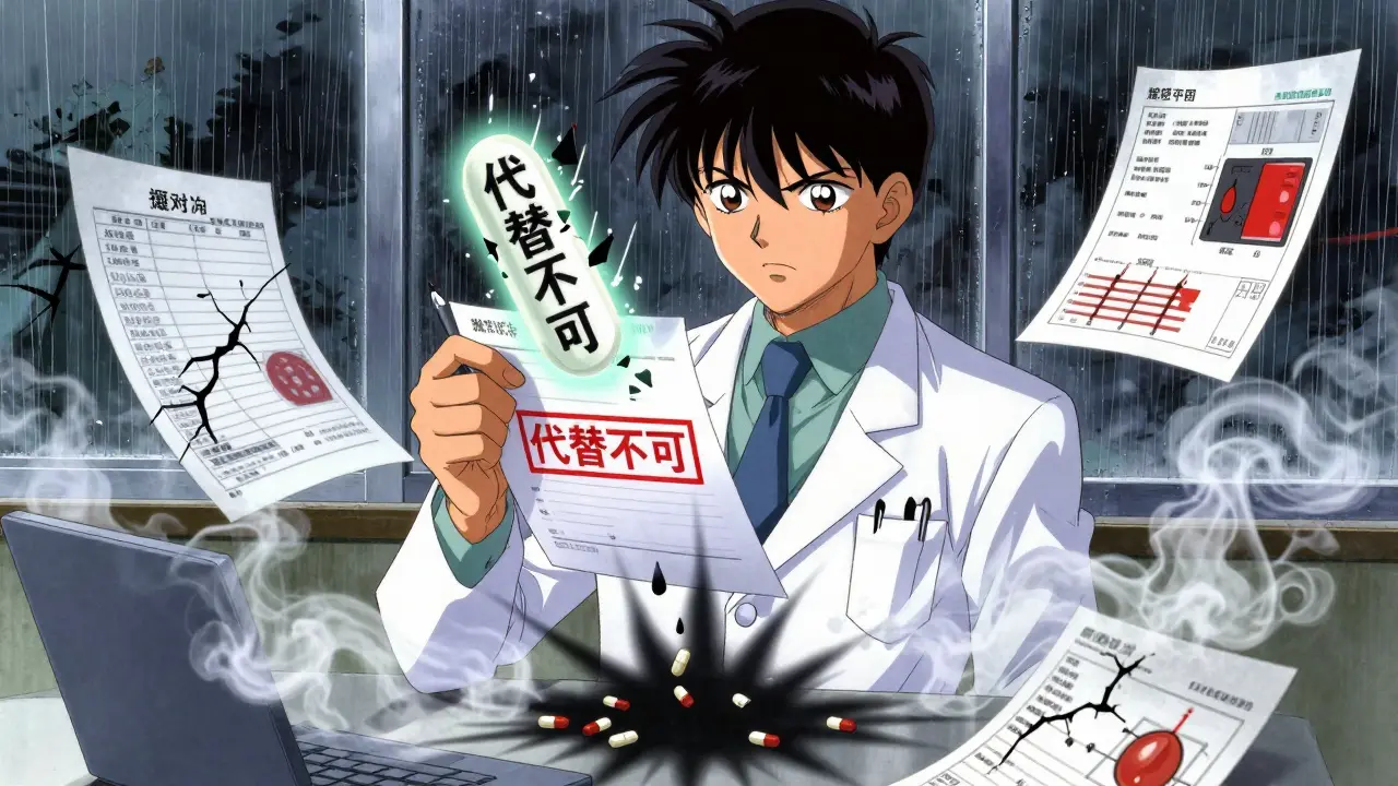 医師が『代替不可』のスタンプを押しながら、ブランド薬の薬が光り、ジェネリック薬が煙のように消える。