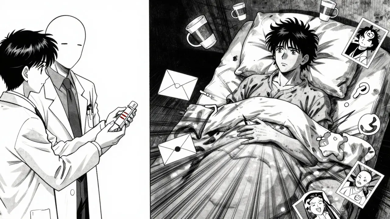 医師がオピオイドを処方する場面と、その後うつ状態でベッドに伏せる患者の対比。