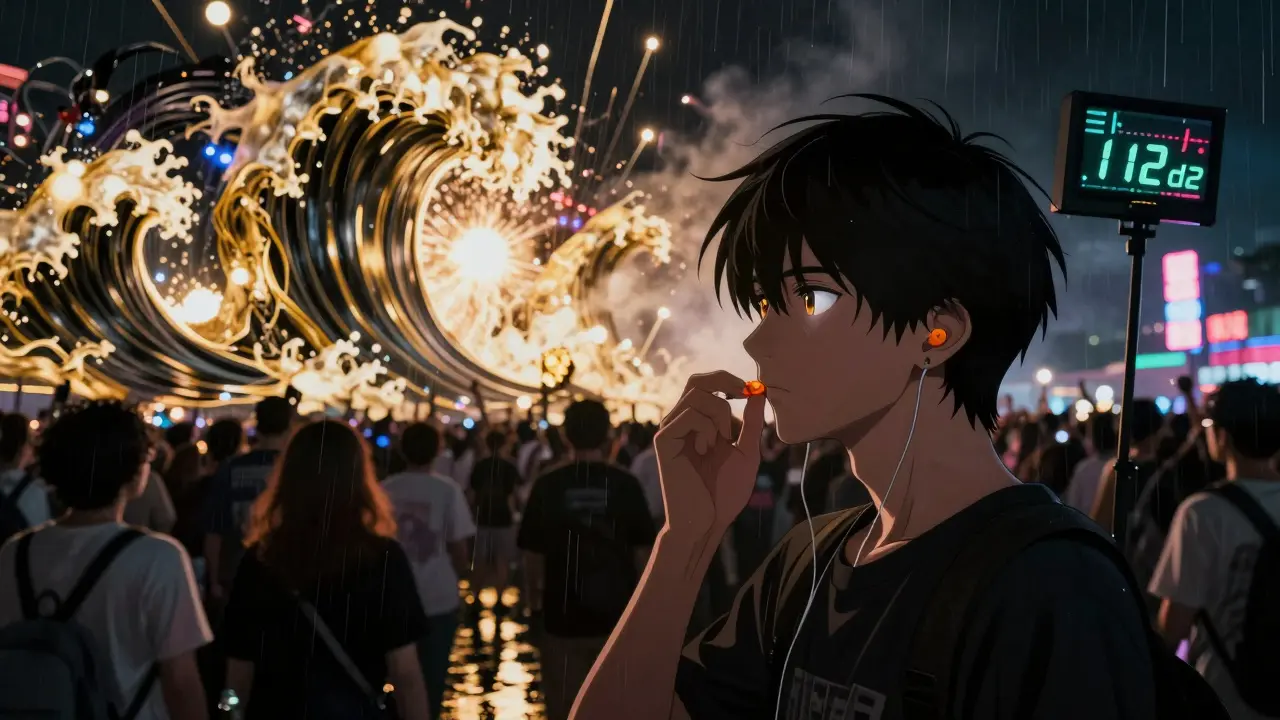 音楽フェスで高音質耳栓を装着する観客、デシベル計が112dBを示す