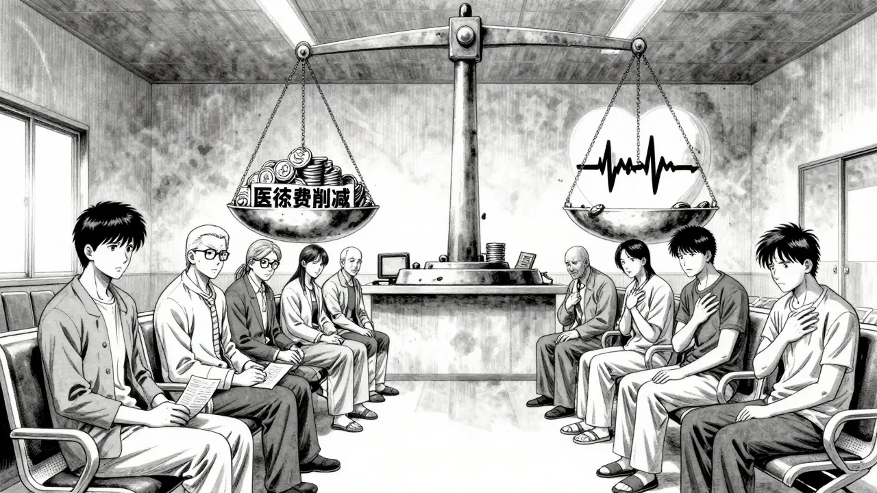 診療待合室で患者たちが薬について悩み、空中に浮かぶ天秤が医療費と生命の重さを対比する様子。