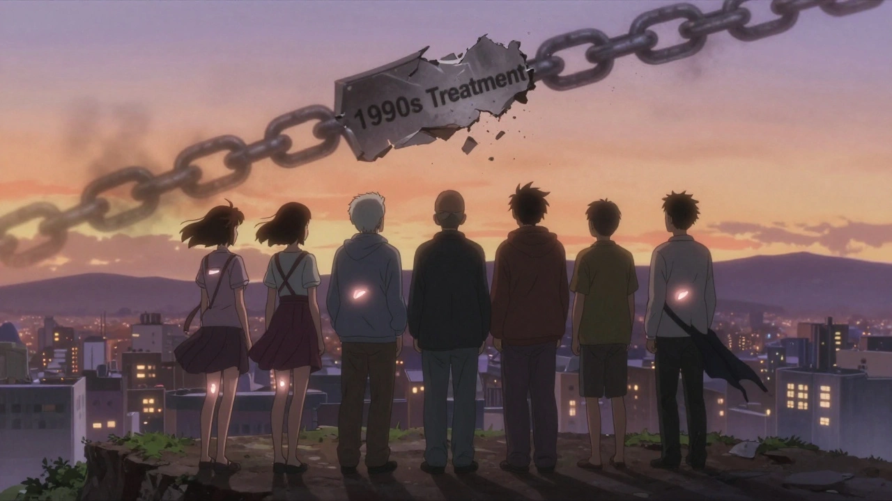 治癒した人々が朝焼けの崖に立ち、過去の治療の鎖を砕く象徴的なアニメ風構図。