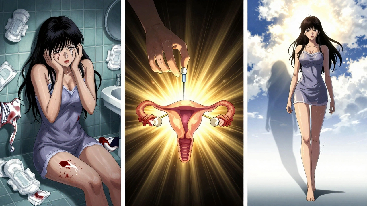 左：浴室で血にまみれた女性、中央：IUD挿入の光の瞬間、右：自信を持って歩く女性、血は霧のように消える。