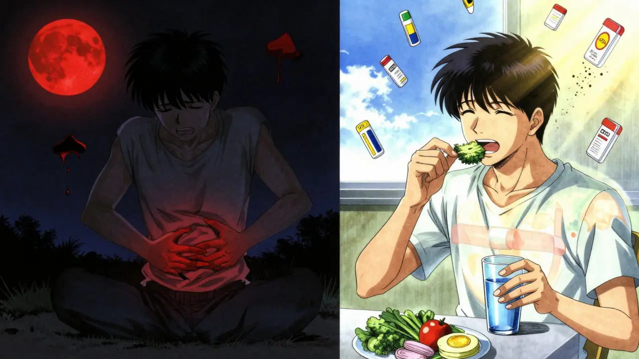 左は痔の苦しみ、右は健康的な生活への転換を象徴する二段構成の絵。