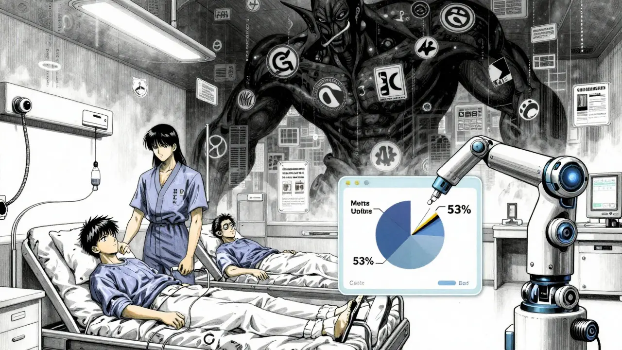 2030年の病院でジェネリック薬と遺伝子治療が共存し、市場シェアの減少が視覚化される。