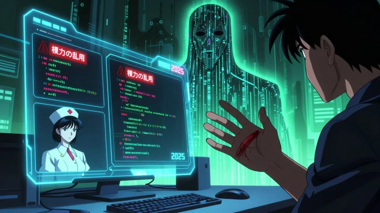 AIコードに警告が点滅する中、手がその画面に届こうとしている。