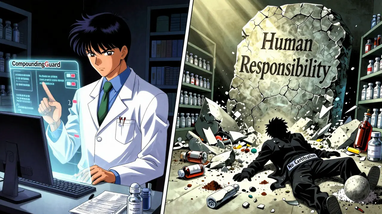AIツールで正確な計算を行う薬剤師と、認証なしの薬局で崩壊する光景の対比。