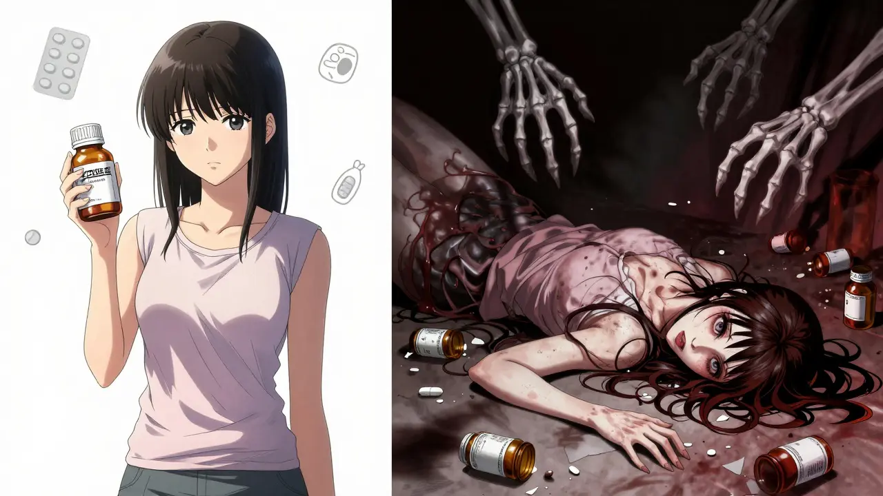 安全な薬と危険な薬の対比、片方は明るく穏やか、もう片方は暗闇に倒れる