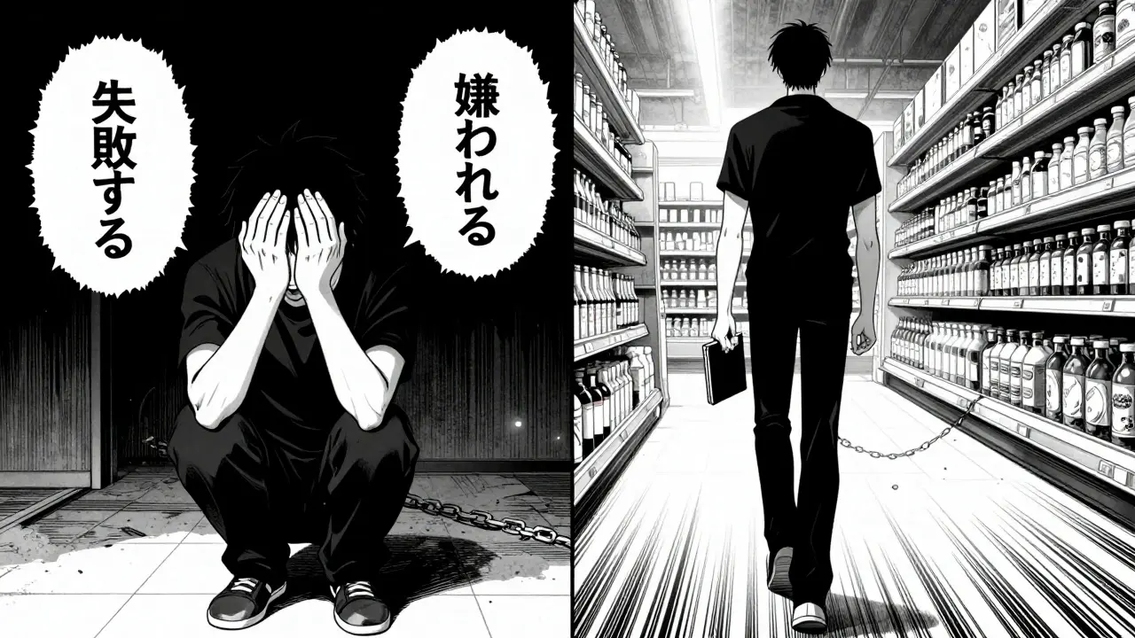 暗い部屋で苦しむ人物と、明るいスーパーで前進する同じ人物の対比シーン。