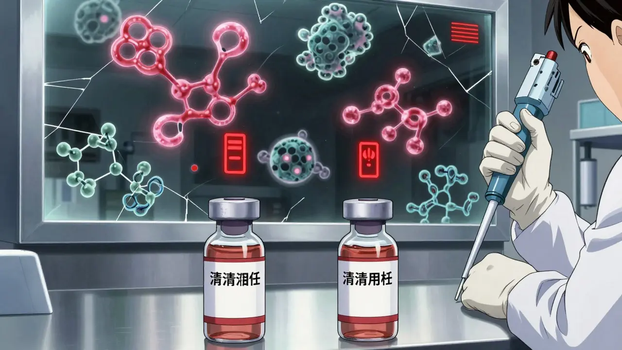 バイオシミラーと原研薬の分子構造が鏡に映り、微細な違いが可視化されている臨床検査室。