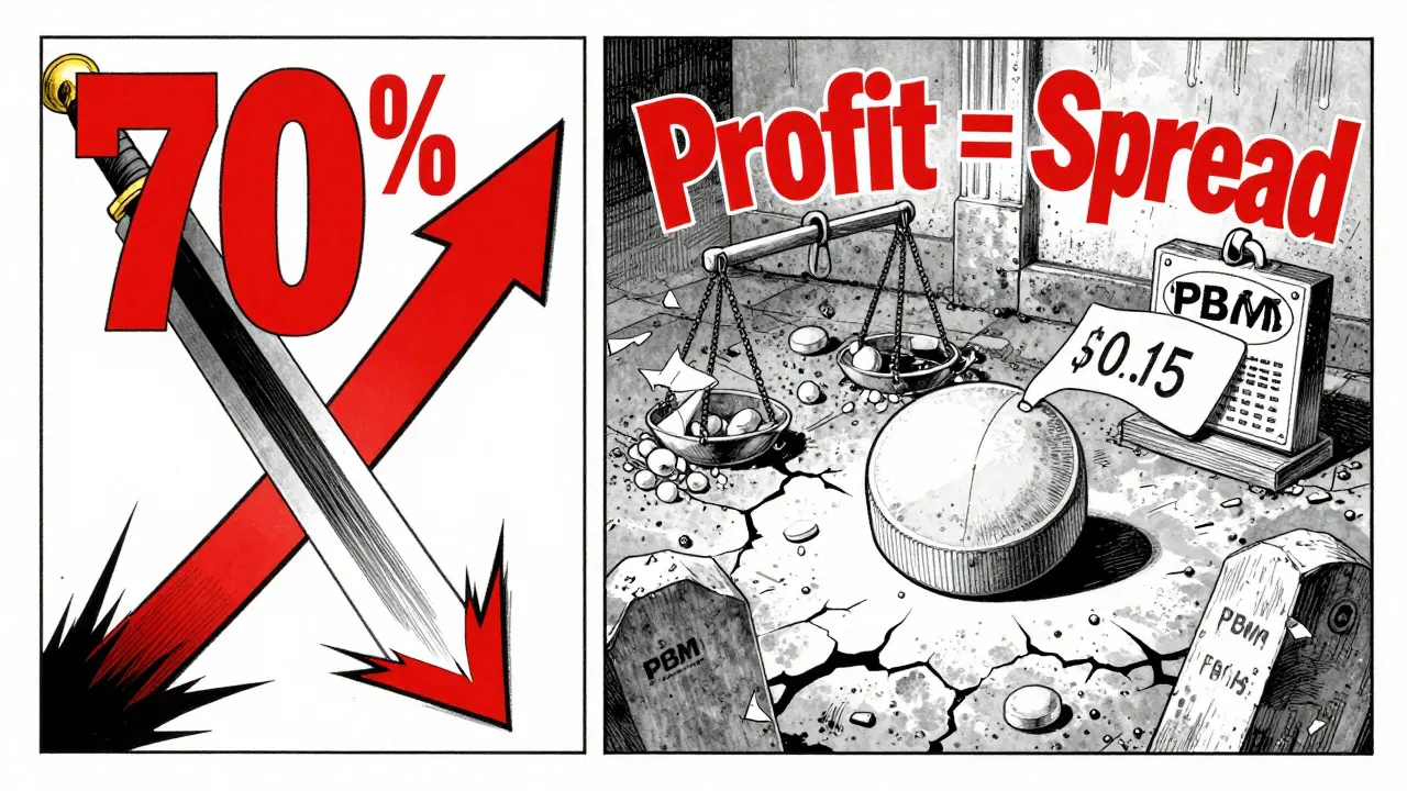 ブランド薬とジェネリック薬の価格差を象徴する二つの薬の対比、PBMの利益が血で書かれている