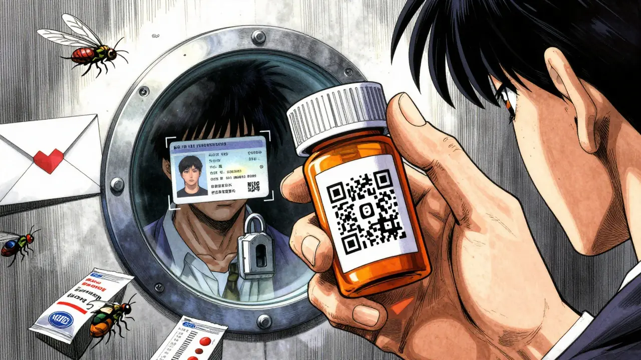 処方箋のQRコードが生体認証に変わり、個人データが安全に守られる様子