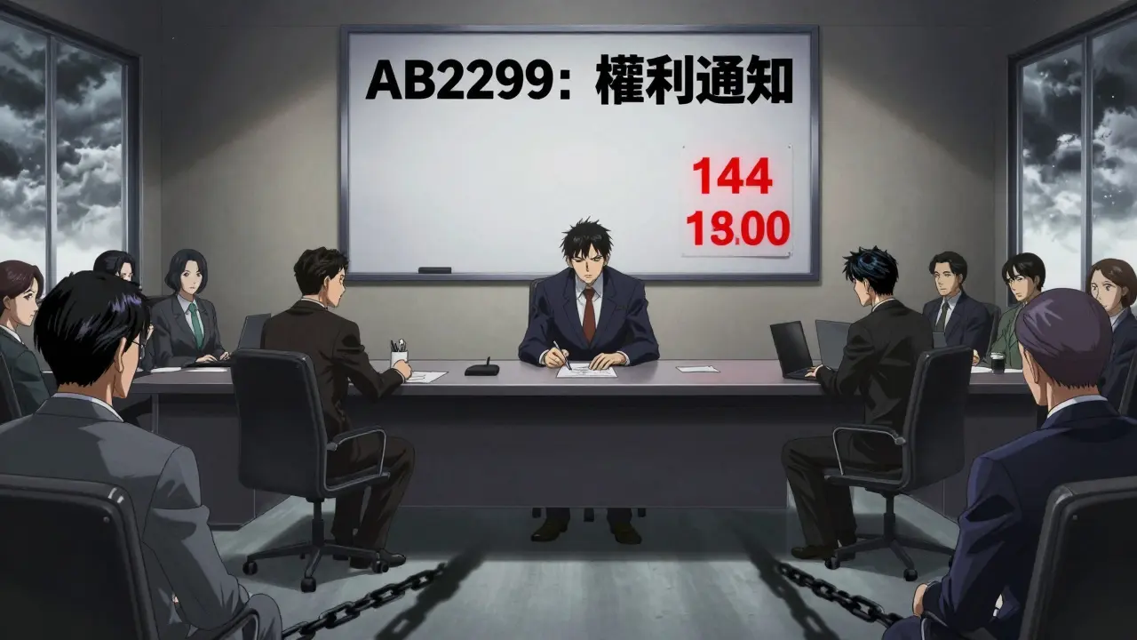 従業員が「権利通知」の掲示を前に、冷たい上司たちに囲まれている。