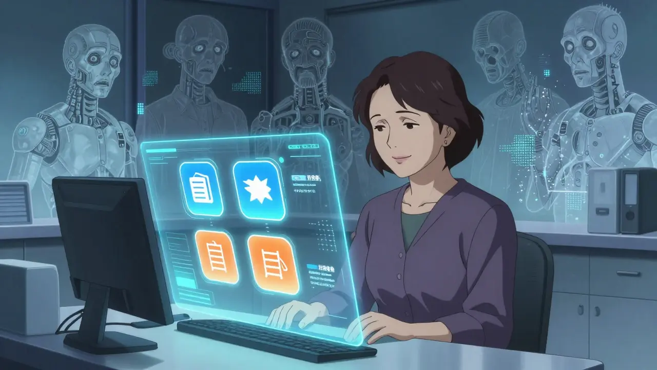 デジタルCBTアプリのインターフェースが浮かび、過去の恐怖が消えていく臨床シーン。