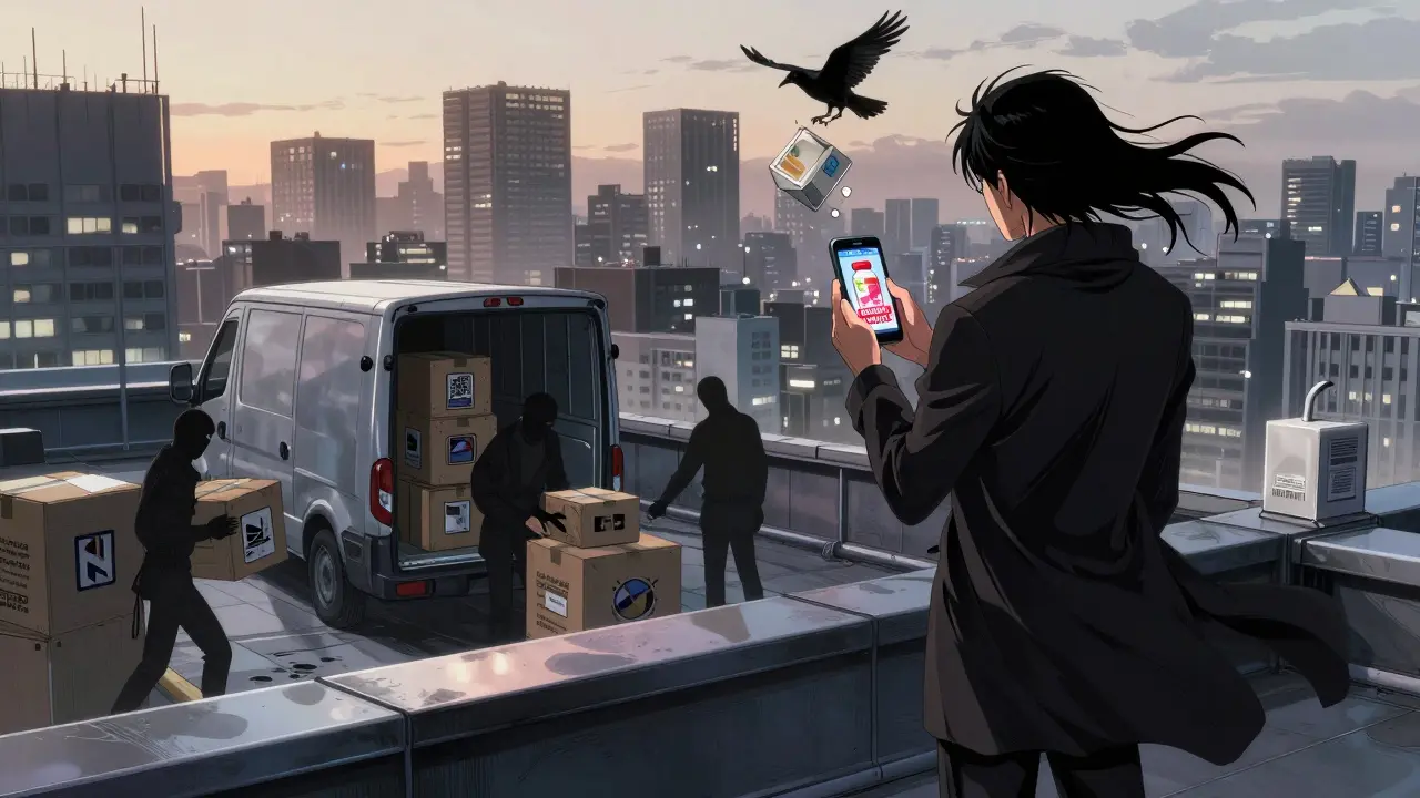 東京の屋上からスマートフォンで偽薬を検出する人物と、下方の不正業者の姿。